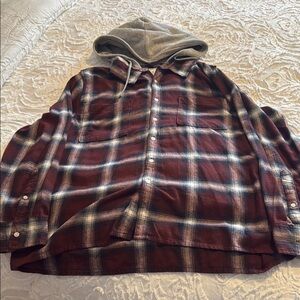 Arizona Jean Company Maroon Plaid Button Down Shirt with Gray Hood